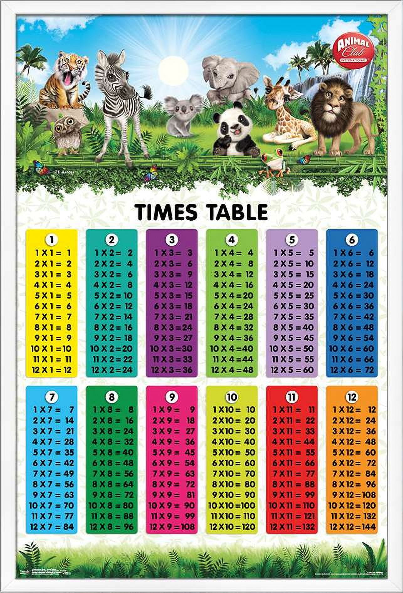 Animal Club - Numbers Times Tables Wall Poster, 22.375" x 34", Framed