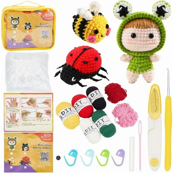 Animal Complete Crochet Kit Cute Crocheting Kit Honeybee Ladybugs Lucky Starter Step-by-Step Video Tutorials Learn to Stitch 3D Knitting Crochet Amigurumi Kits for Adult Starters Beginners