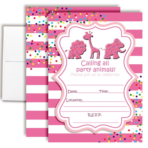 Animal Cookies & Crackers Circus Birthday Invitations for Kids, 20 Fill-In Cards with Envelopes, 5x7 Children's Birthday Party Invitations, Birthday Party Supplies, Made in USA by Amanda Creation