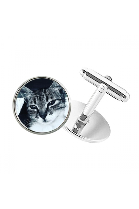 Animal Cool Gray Cat Photograph Round Button Cuff Clip Stud Cufflinks