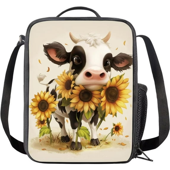 Animal Cow Portable Sunflower Insulated Lunch Tote Bag, Reusable Thermal Lunch Box for Office Travel, Yellow