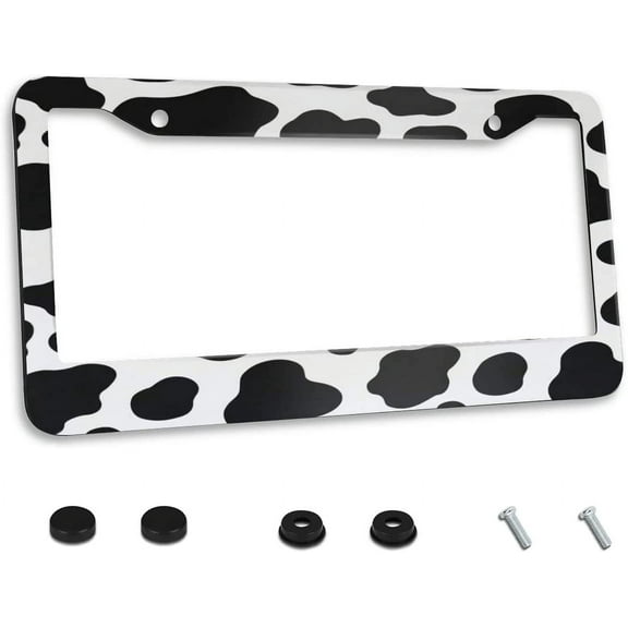 Animal Cow Print Black Spot License Plate Frame Newest Customized Decorative Frames Stainless Car Tag Cover Holder Auto Car for US Canada Standard 12" x 6" with 2 Holes and Screws