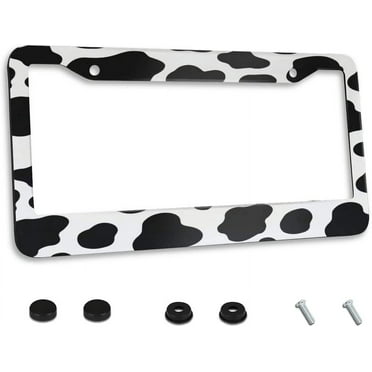 Animal Cow Print  Black Spot License Plate Frame Newest Customized Decorative Frames Stainless  Car Tag Cover Holder Auto Car for US Canada Standard 12" x 6" with 2 Holes and Screws