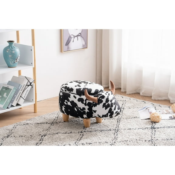 Animal Cow Storage Upholstered Kids Ottoman Black