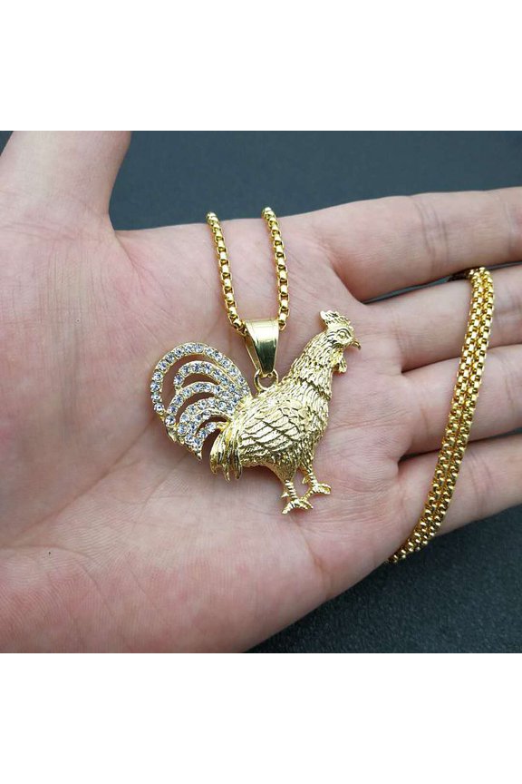 Animal Creative Necklace New Men's Fashion 14K Yellow Gold Rhinestones Rooster Pendant Necklace Hip Hop Jewelry