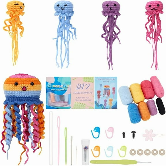 Animal Crochet Kit Complete Beginner Crochet Kit Summer Ocean Jellyfish Starter Step-by-Step Video Tutorials Learn to Stitch 3D Stuffed Crocheting Amigurumi Knitting Kits for Adult Starters