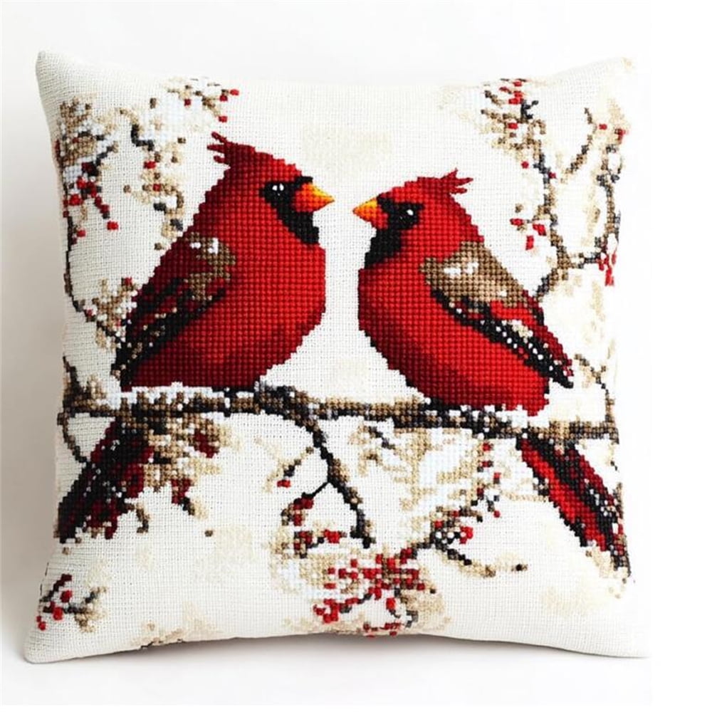 Animal Cross Stitch Cushion Kits for Adults,Two Cardinal Birds on a Branch Needlepoint Cushion Kit Cross Stitch Kits Cushion Throw Pillow for Creative Home Decor 17x17in
