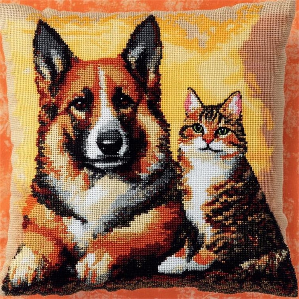 Animal Cross Stitch Pillow Kits for Adults,Collie and cat DIY Cushion Embroidery Kit Needlepoint Handmade Needlework Cushion Kit17x17in
