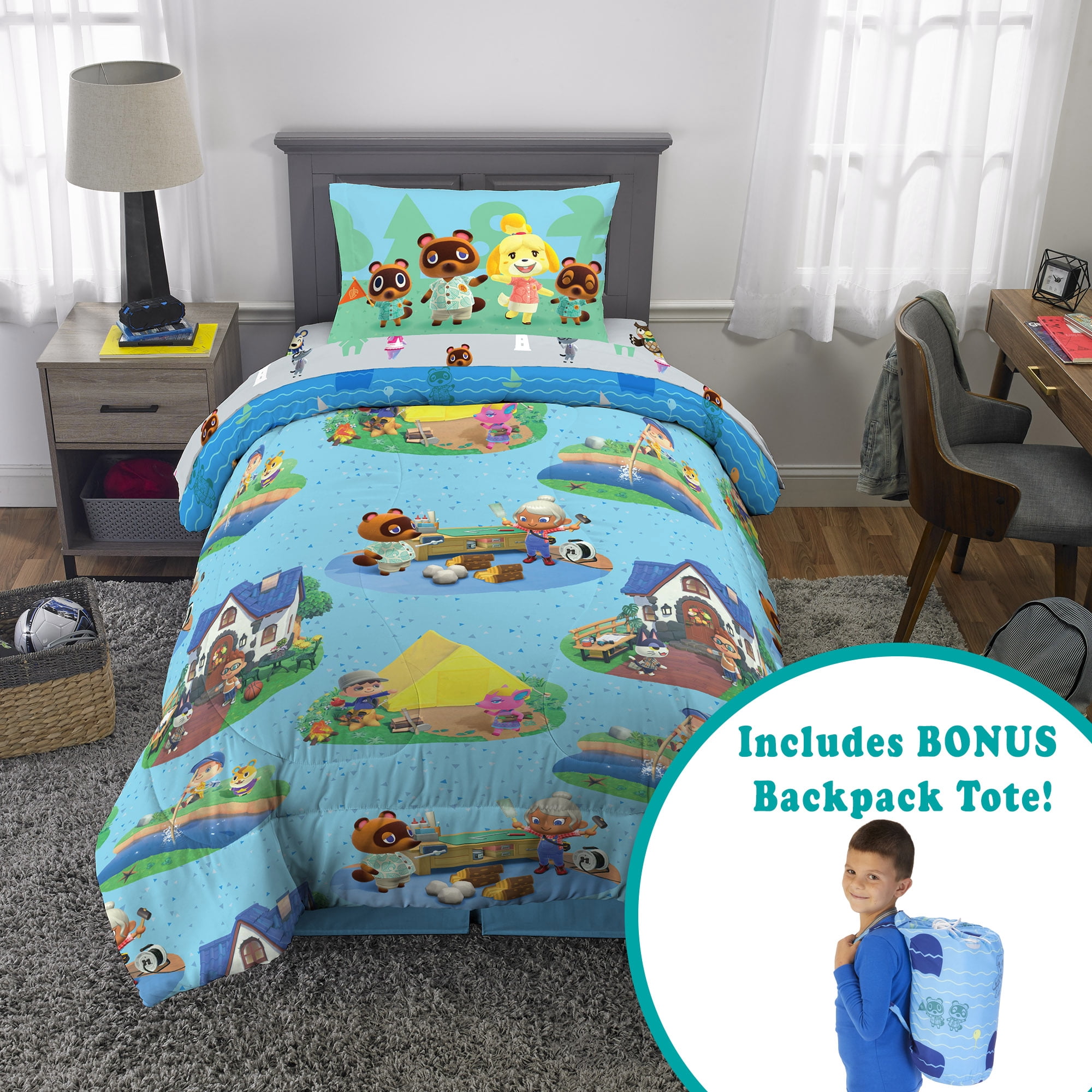 Animal Crossing Kids Twin Bed in a Bag, Comforter Sheet Set and Bonus Tote, Blue, Nintendo