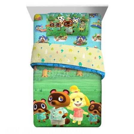 Animal Crossing Kids Twin Bed in a Bag, Gaming Bedding, Comforter and Sheets, Green