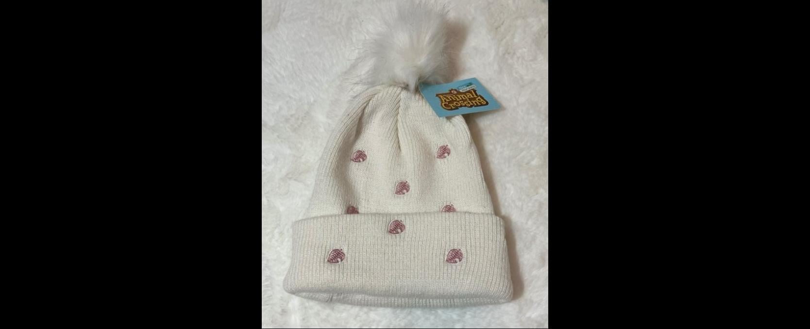 Animal Crossing - New Horizons - Pom Knit Beanie Hat - Pink Leaf Pattern - White