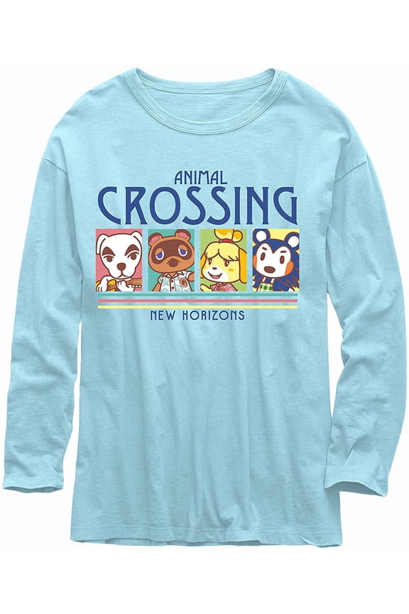 : New Horizons - Tom Nook, K.K., Isabelle & Mabel Able Character Adult Long Sleeve T-Shirt (Medium, Blue)
