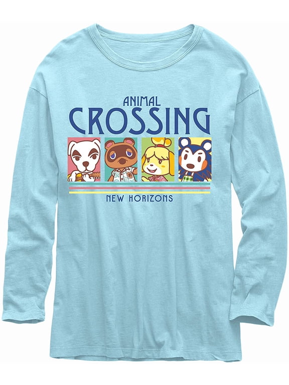 : New Horizons - Tom Nook, K.K., Isabelle & Mabel Able Character Adult Long Sleeve T-Shirt (X-Large, Blue)