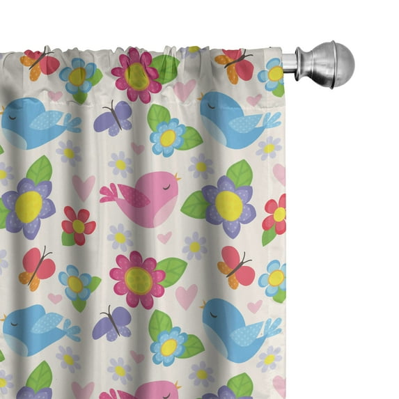 Animal Curtains 2 Panels Set, Blue and Pink Birds Butterflies Hearts Flowers Nature Theme Cheery Pattern, Window Drapes for Living Room Bedroom, 56"W X 95"L, Multicolor, by Ambesonne