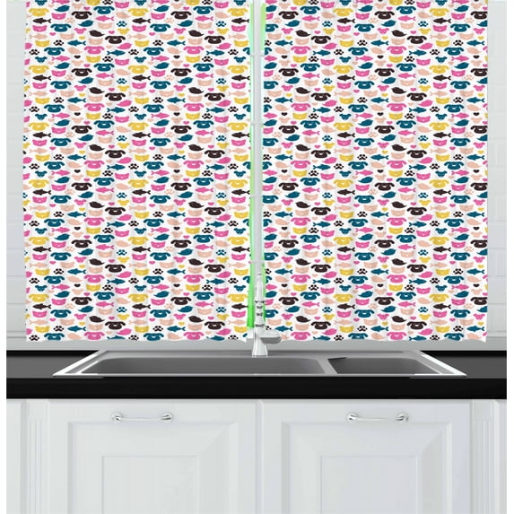 Animal Curtains 2 Panels Set, Cheerful Domestic Pets Colorful Pattern Cat Dog Fish Bird and Mouse Faces Hearts, Window Drapes for Living Room Bedroom, 55W X 39L Inches, Multicolor, by Ambesonne