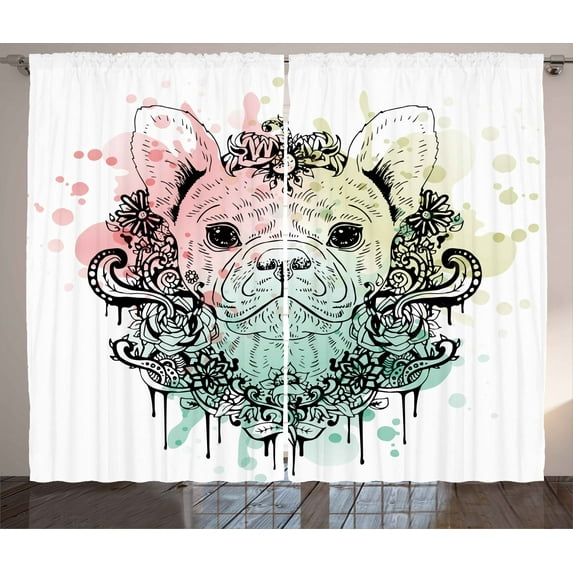 Ambesonne Animal Curtains 2 Panel Set, French Bulldog Flowers, 108" x 63", Pale Green Pale Pink