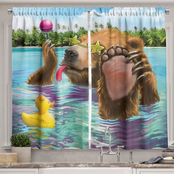 Animal Curtains 2 Panels Set, Happy Fancy Wild Bear in the Sea by the Beach with its Sunglasses Candies Print, Window Drapes for Living Room Bedroom, 55W X 39L Inches, Multicolor, by Ambesonne