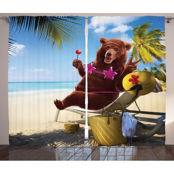 Ambesonne Animal Curtains 2 Panel Set, Funny Wild Hot Beach Bear, 108" x 108", Multicolor