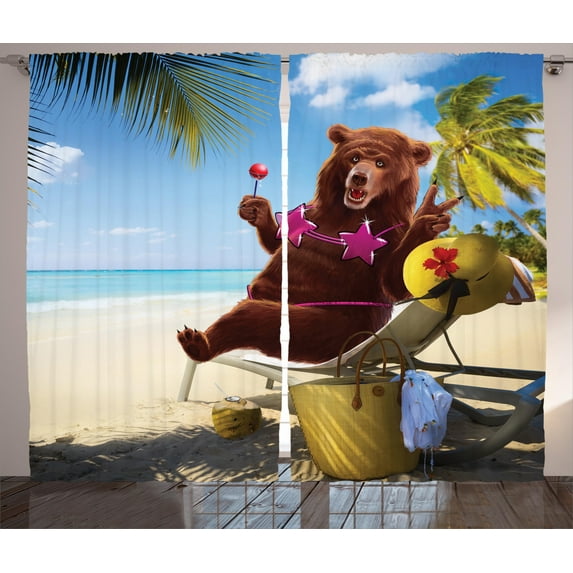 Ambesonne Animal Curtains 2 Panel Set, Funny Wild Hot Beach Bear, 108" x 96", Multicolor
