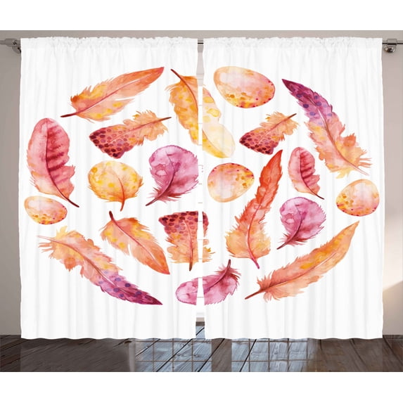 Animal Curtains 2 Panels Set, Watercolor Style Effect Hand Drawn Feathers on White Background Print, Window Drapes for Living Room Bedroom, 108W X 84L Inches, Orange and Dark Coral, by Ambesonne
