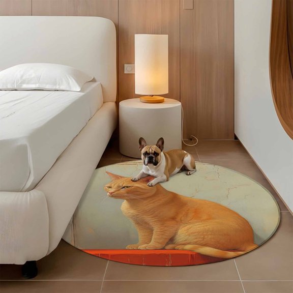 Animal Cute 3ft Round Rug for Bathroom Accent Bedside Corner, Pet Orange Cat Washable Non Slip Circle Area Rug for Small Spaces