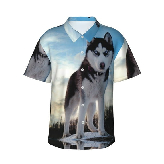 Animal Cute Dog Husky Men'S 3d Print Casual Button Down Shirts, Novelty Hawaiian Short Sleeves M