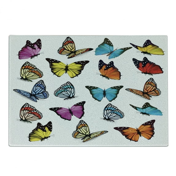 Animal Cutting Board, Colorful Butterflies Flying Composition Summertime Seasonal Animals Print, Decorative Tempered Glass Cutting and Serving Board, Small Size, Multicolor, by Ambesonne