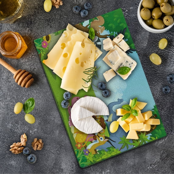 Animal Cutting Board, Design Room Safari Themed Cartoon Animals Image Art Print, Decorative Tempered Glass Cutting and Serving Board, Small Size, Multicolor, by Ambesonne