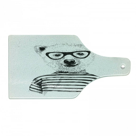 Animal Cutting Board, Dressed up Hipster Nerd Smart Male Bear in Glasses Fun Character Animal Art Print, Tempered Glass Cutting and Serving Board, Wine Bottle Shape, Black White, by Ambesonne