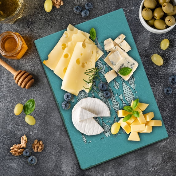 Animal Cutting Board, Fish Community Swimming in the Ocean Playroom Cartoon, Decorative Tempered Glass Cutting and Serving Board, Small Size, Pale Blue White, by Ambesonne