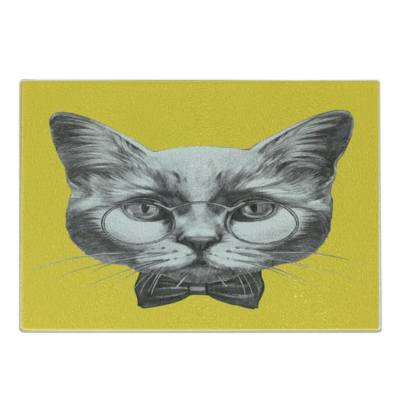 Animal Cutting Board, Hand Drawn Portrait of Cat with Glasses and Bow Tie Sketch Hipster Print, Decorative Tempered Glass Cutting and Serving Board, Small Size, Yellow Grey White, by Ambesonne