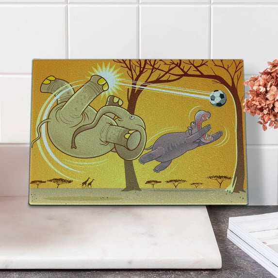 Animal Cutting Board, and Hippo Playing Football Cartoon Print Animal Design, Decorative Tempered Glass Cutting and Serving Board, Small Size, Orange Umber Purple, by Ambesonne