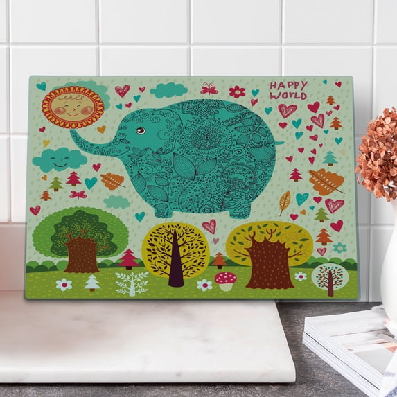 Animal Cutting Board, Illustration Animal Happy World Trees Leaves Hearts Love Art, Decorative Tempered Glass Cutting and Serving Board, Large Size, Multicolor, by Ambesonne