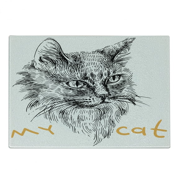 Animal Cutting Board, Ink Sketch Hand Drawn Illustration of Cat Portrait Pattern Art, Decorative Tempered Glass Cutting and Serving Board, Small Size, Mustard Black and White, by Ambesonne