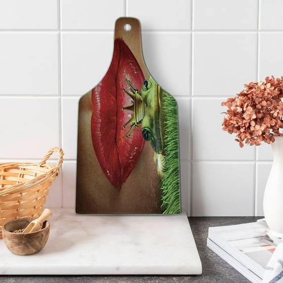 Animal Cutting Board, Lady Finds Her Frog Prince Charming Soul Mate in Love Romance Art, Decorative Tempered Glass Cutting and Serving Board, Wine Bottle Shape, Green Red Yellow, by Ambesonne