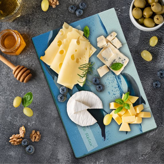 Animal Cutting Board, Lets Take a Shower and Time to Relax Texts and Whale Dolphin Seal Photo, Decorative Tempered Glass Cutting and Serving Board, in 3 Sizes, by Ambesonne