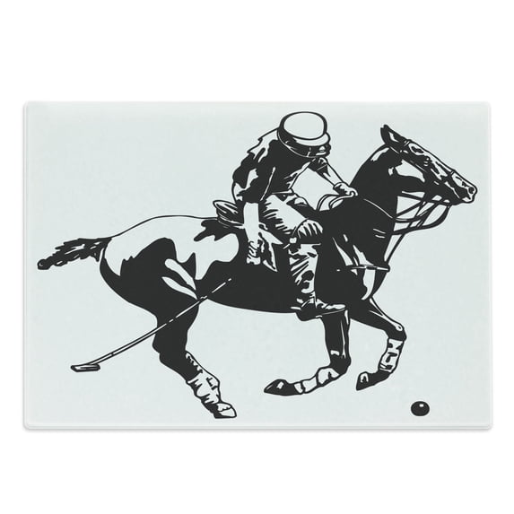 Animal Cutting Board, Monochrome Style Silhouette of a Polo Player on a Horse Competing, Decorative Tempered Glass Cutting and Serving Board, in 3 Sizes, by Ambesonne