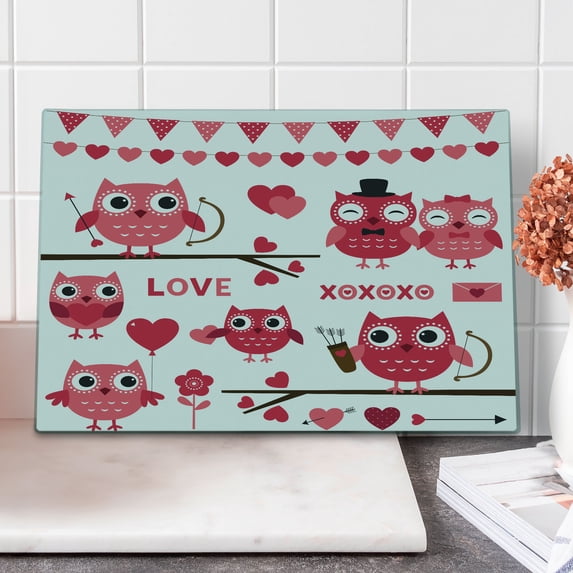 Animal Cutting Board, Owls Image with Romantic Elements Arrow Eyesight Partners in Amour Design, Decorative Tempered Glass Cutting and Serving Board, Large Size, Red White, by Ambesonne