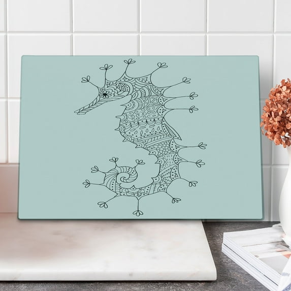 Animal Cutting Board, Seahorse Mediterranean Culture Roman Poseidon Heraldic Sign Print, Decorative Tempered Glass Cutting and Serving Board, Large Size, Charcoal Grey White, by Ambesonne