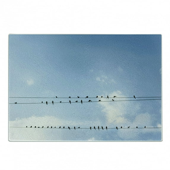 Animal Cutting Board, Swallows Sitting on Power Cord Relaxing Tranquil Spring Day Clear Sky, Decorative Tempered Glass Cutting and Serving Board, Small Size, Pale Blue Black White, by Ambesonne
