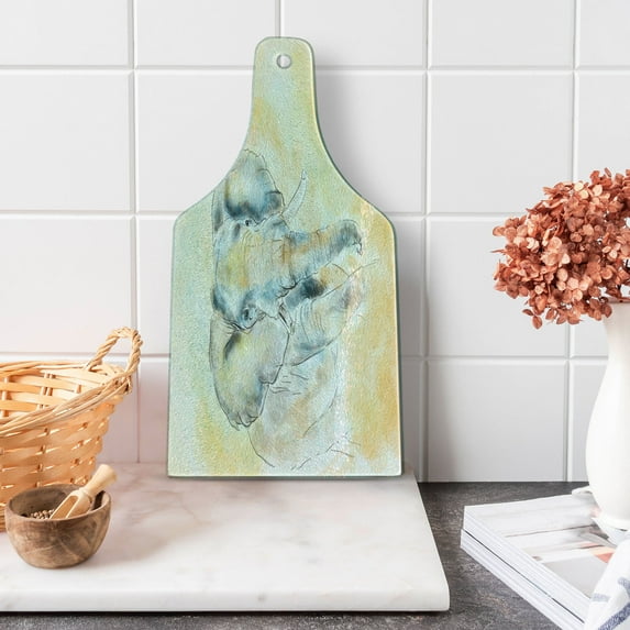 Animal Cutting Board, Watercolor Style Illustration Wild Creature Safari Exotic Wildlife Theme, Decorative Tempered Glass Cutting and Serving Board, Wine Bottle Shape, Cream Grey, by Ambesonne