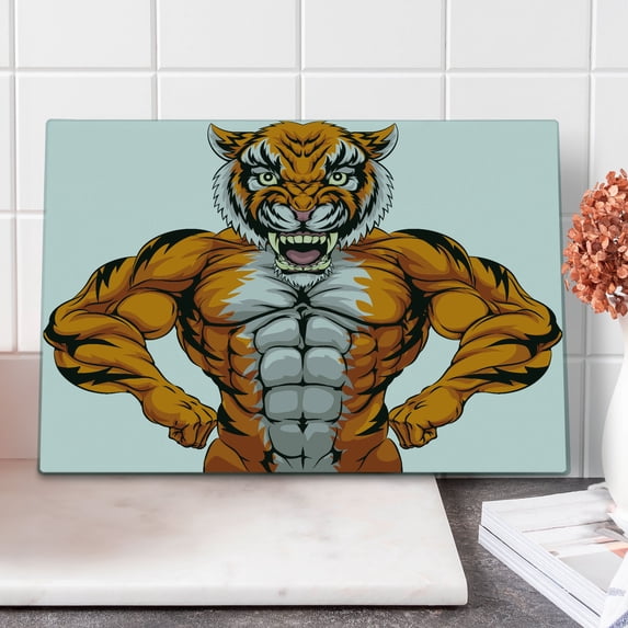 Animal Cutting Board, Wildlife Safari Animal Bodybuilder Tiger Cartoon Image, Decorative Tempered Glass Cutting and Serving Board, Large Size, Pale Grey Marigold, by Ambesonne