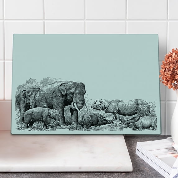 Animal Cutting Board, s Image Wild Safari Animals Vintage Style Print Monochromatic Details, Decorative Tempered Glass Cutting and Serving Board, Large Size, White and Black, by Ambesonne