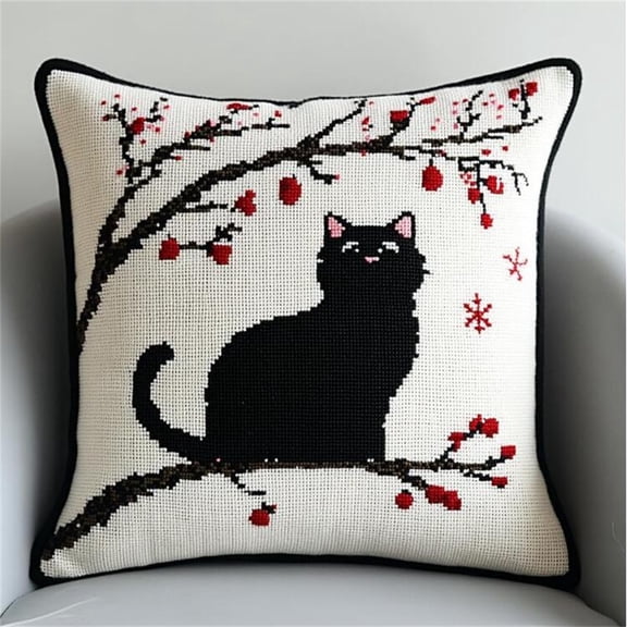 Animal DIY Printed Cross Stitch Pillow Kits,Black cat on Plum Blossom Branch Embroidery Kit for Adults 11CT Cross Stitch Kit Printed Canvas Needlework Decoration 17x17in