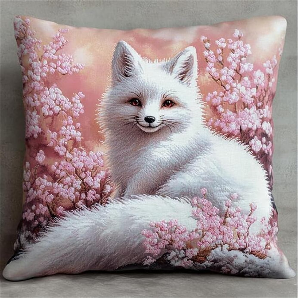 Animal DIY Printed Cross Stitch Pillow Kits,White Fox and Flowers Embroidery Kit for Adults 11CT Cross Stitch Kit Printed Canvas Needlework Decoration