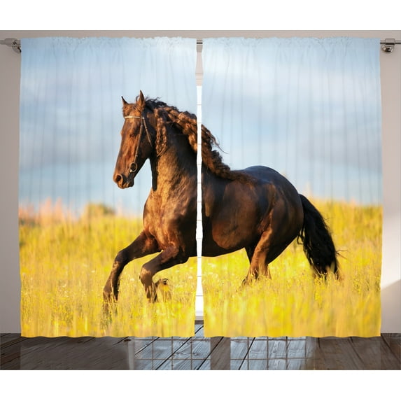 Ambesonne Horses Curtains 2 Panel Set, Meadow Mystery Horse, 108" x 84", Yellow Brown Blue