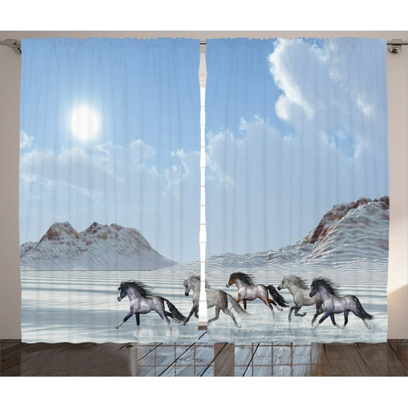 Ambesonne Blue White Curtains 2 Panel Set, Snowy Day Wild Horse, 108" x 84", Blue White