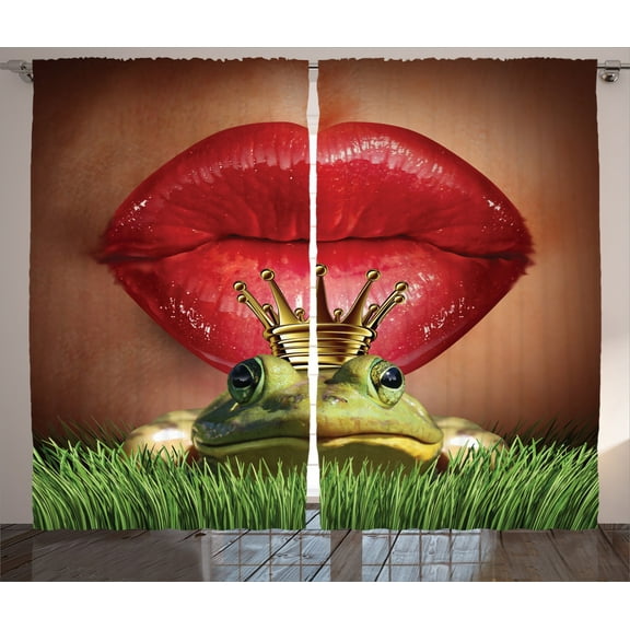 Ambesonne Frog Curtains 2 Panel Set, Prince, 108" x 90", Green Red Yellow