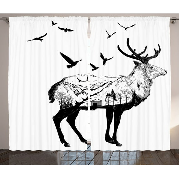 Ambesonne Deer Curtains 2 Panel Set, Mountain and Cottage, 108" x 90", Black White
