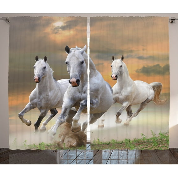 Ambesonne Horses Curtains 2 Panel Set, Sky, 108" x 90", White Orange